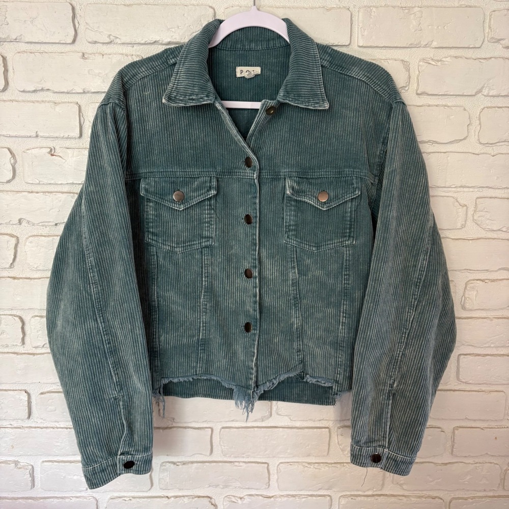 POL‎ Green Corduroy Distressed Frayed Oversized Jacket Women's Size Small